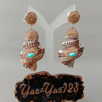 

Natural Fasciolaria Seashell Blue Crystal Stud Earrings Bohemian Flower Tassel Long Earring Stud Female Brincos
