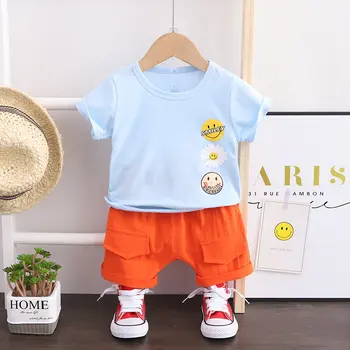 

Summer Baby Boys Girls Fashion smile Clothes Kids Cotton Tracksuits Children cartoon T-shirt Shorts 2Pcs/sets Infant Casual set