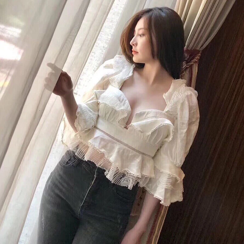  TWOTWINSTYLE Ruffle Lace Blouse Women White Shirt 2019 Autumn Sexy Ladies Square Neck Tops Puff Sle