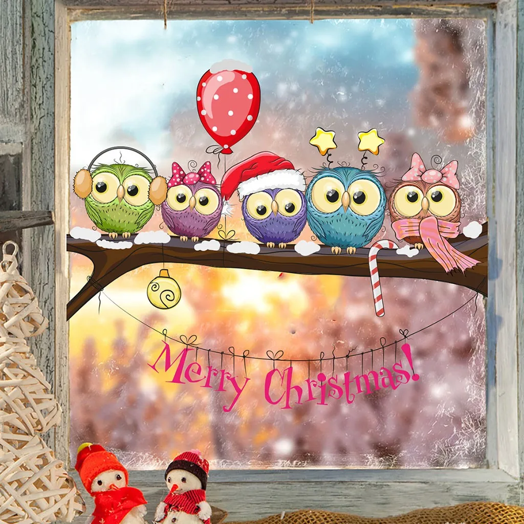 Christmas Wall Stickers Christmas-dressed Owl On A Tree Branch Window Kids Rooms Decoration | Дом и сад