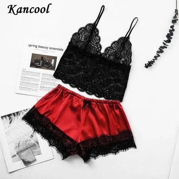 

KANCOOL Fashion Women 2pcs Lace Sleepwear Sexy Strap Shorts Pajama Set Ladies Sleepwear Female Pajama Homme Transparent Party
