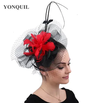 

Gorgeous women wedding tull hat fascinator fashion black with red mesh headwear fancy feather flower party tea hair accessories