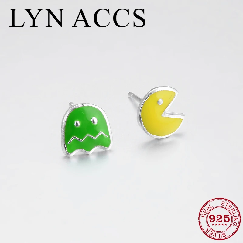 

Authentic 925 Sterling Silver yellow green Greedy bean monster enamel Earring DIY fine girl Stud Earrings fashion luxury Jewelry