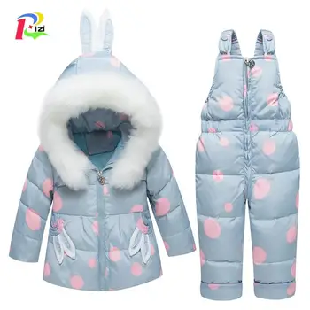 

Russia Winter Children Clothing Sets Jumpsuit Snow Jackets+bib Pant 2pcs Set Baby Boy Girls Duck Down Coats Jacket With Fur Hood