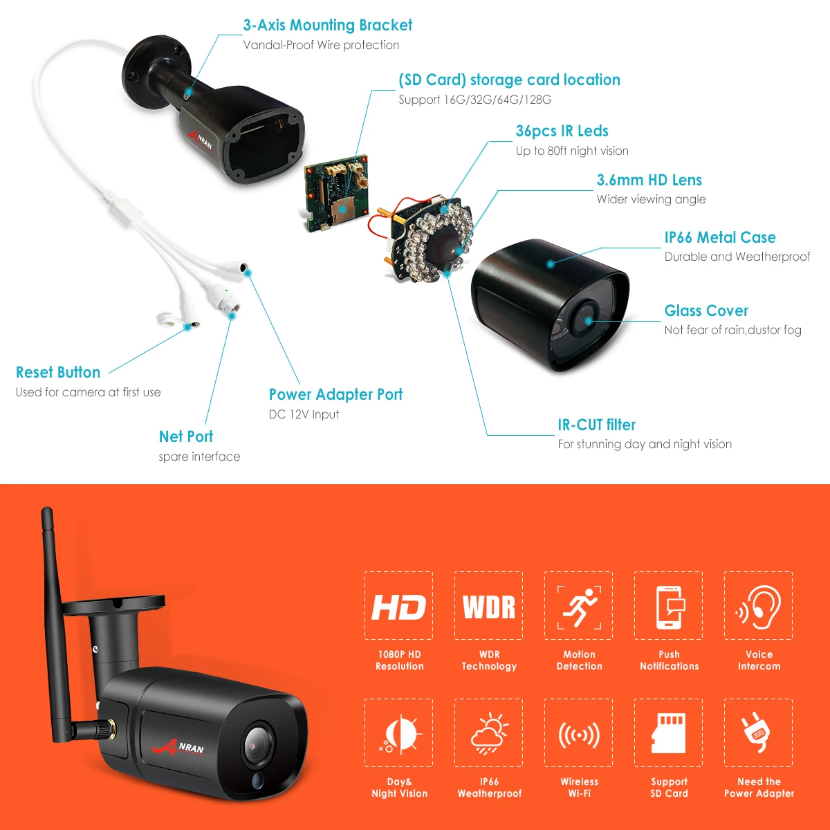 ANRAN 1080P ip-камера беспроводная камера безопасности наружная HD камера наблюдения ночного видения домашняя камера с Wi-Fi Металлическая Цилиндрическая камера видеонаблюдения