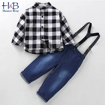 

Humor Bear Children's Suit Spring & Autumn Kids Gentleman Long Sleeve Plaid Shirt +Strap Cowboy Trousers Baby Boys Clothes Set