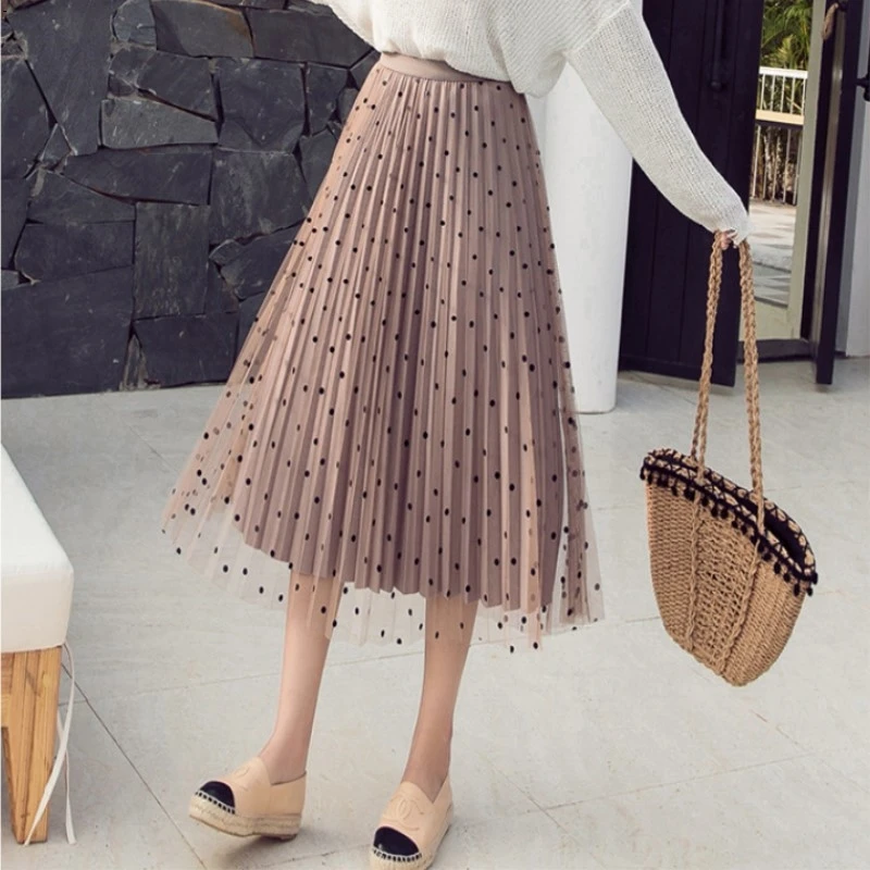 Женские юбки с волнистыми точками; длинные юбки для девочек; Женская Осенняя Новинка; сетчатая пряжа; плиссированная одежда по бокам; 8613 A