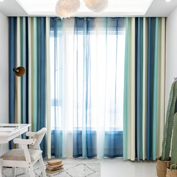 

Blue striped blackout curtains for living room Brown Mediterranean tulle+curtain for bedroom window luxury organza sheer blins