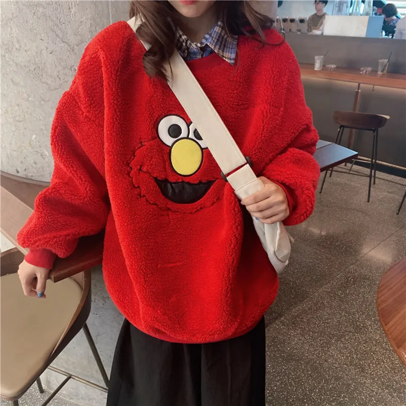 Cartoon Lambs Wool Hoodies Women O Neck Velet Thicken Sweatshirt Autumn Winter Warm Outwear Red Blue Long Sleeve Streetwear W250