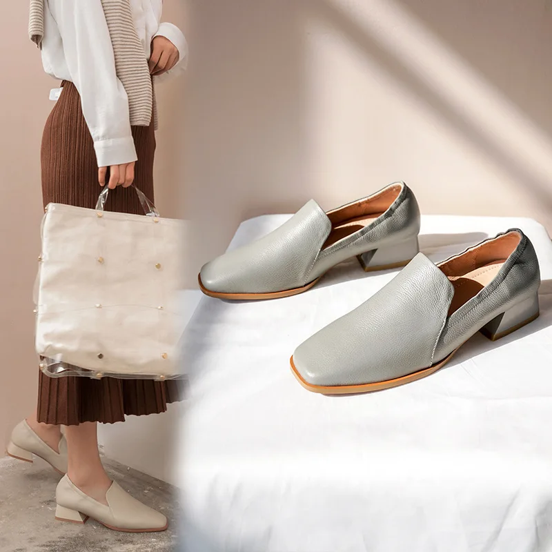 

2019 Spring New Style British Style WOMEN'S Shoes Korean-style Versatile Semi-high Heeled Stiletto Shoes Genuine Leather Square