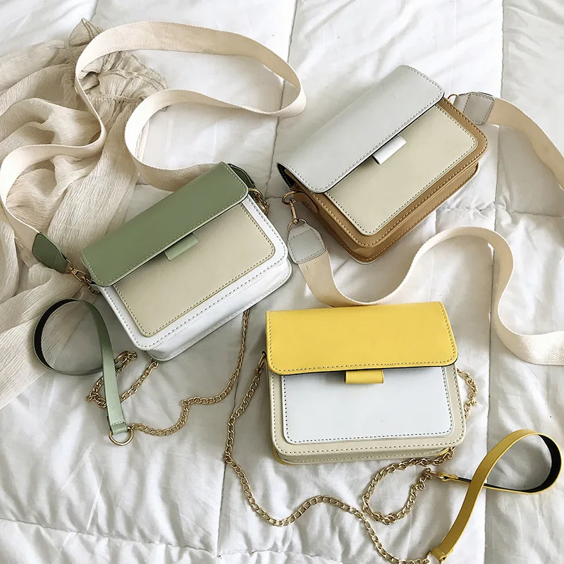 

New Arrival Fashion Korean-style Bag Women's Hipster Elegant Versatile Bag with Chain Pu Trend Square Bag Wide-Strap Shoulder Ba