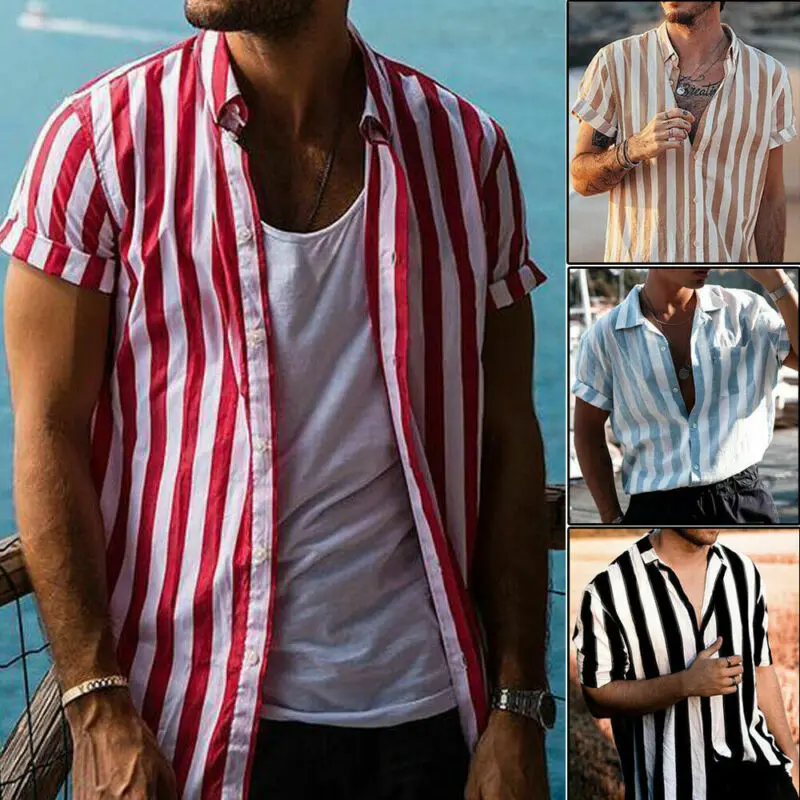 Camisa con botones a rayas para hombre, blusa informal de manga corta con cuello en V para verano, 2019