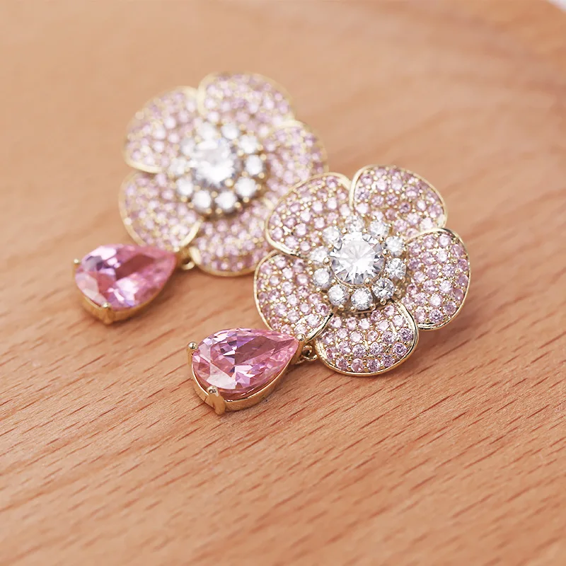 French Elegant Rose Flower Pink AAA Zircon Earrings For Women Micro-inlaid Silver Needle Drop Earring Luxury Female Jewelry