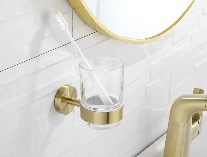 Gold Color Brass Wall Mounted Tooth Brush Holder With Dual Ceramic Cups Kba880 