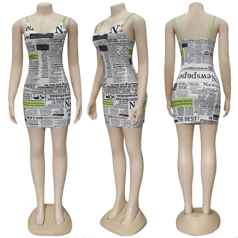 Новое Сексуальное Женское облегающее мини-платье с v-образным вырезом без рукавов с газетным принтом Клубное платье