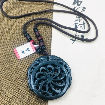 

Jewelry Pure Natural Black Jade Carved Vintage Openwork Flower Pendant Necklace Jewelry for Men and Women Send Certificate