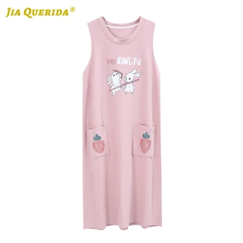 

Pink Cartoon Printing Long Shirt Home Dress Night Wear Nighty Nighties for Woman Summer Sleeveless Night Wear Night Gown Summer