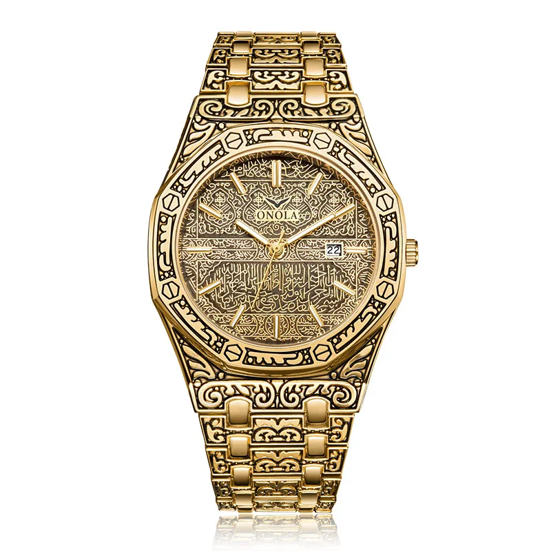 ONOLA винтажные мужские часы с резным узором, водонепроницаемые креативные наручные часы со стальным ремешком, модные бизнес дизайнерские Роскошные брендовые золотые мужские часы - Цвет: ON3812 gold gold