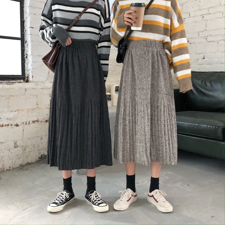 

2019 Autumn And Winter New Style Pleated Skirt Women's Korean-style CHIC Mid-length Retro Fashion Slimming High-waisted A- line