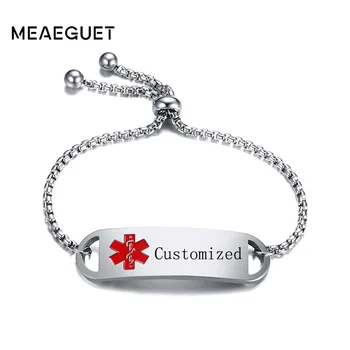 

Meaeguet Adjustable Engraving Laser Personal Info Box Chain Bracelet Bangle For Women Customized Medical Alert ID Bracelet