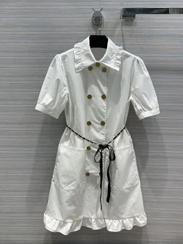 

High-end 2020 Summer Women Temperament Mini Dress All-match Double-breasted Ruffle Shirt Dresses Casual Luxury Brand Chain Dress