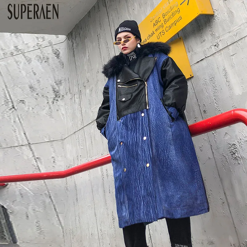 SuperAen, новинка, зимняя, хлопковая, женская, теплая, парка, пальто, дикая, повседневная, модная, парка, пальто для женщин, толстая, плюс размер, джинсовая прострочка