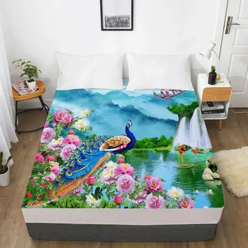 

3D Fitted Sheet Bed Mattress Fitted Cover Custom Design Bed Linens Sheets Bedsheet 198*203cm Animal Peacocks Printed Bedding