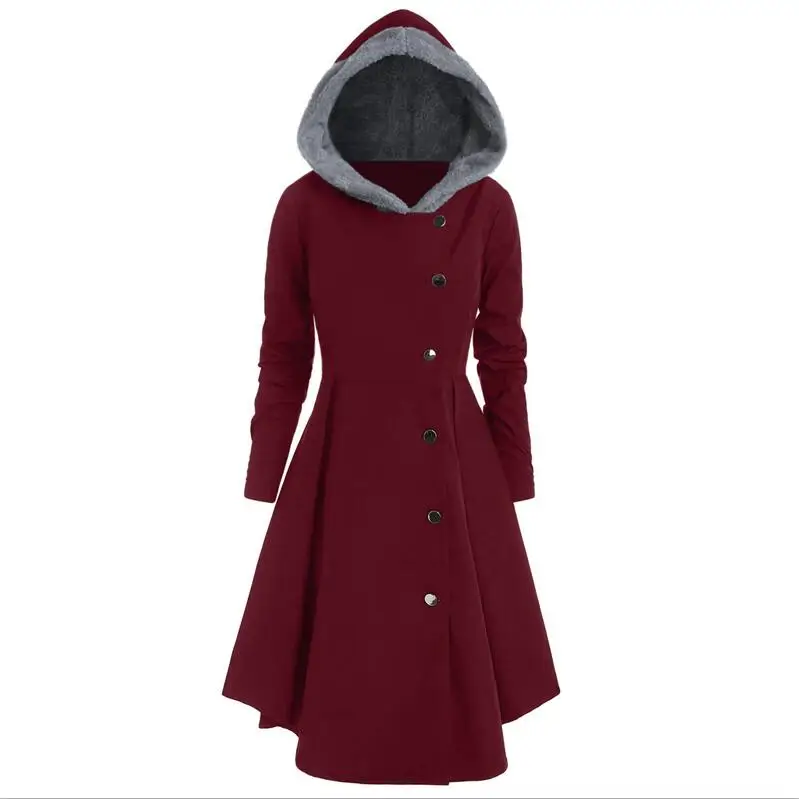 wine red-grey Plus Size Asymmetric Contrast Hooded Skirted Long Coat Women Autumn Fly Coat Open Front Vintage coat Elegant Outwear - Цвет: wine red-grey