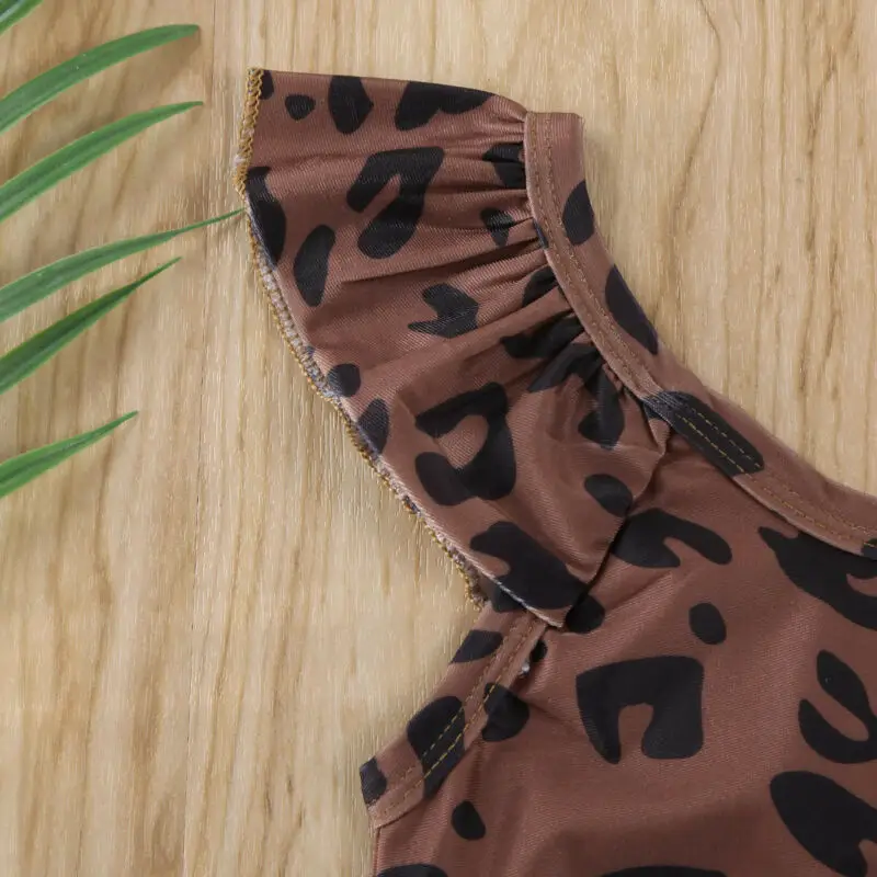 Модный трендовый темно-коричневый купальник с леопардовым принтом и оборками для маленьких девочек, купальник, цельный купальный костюм
