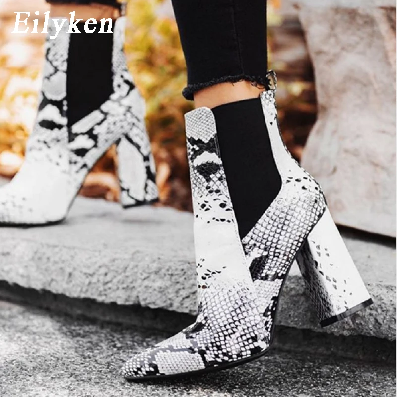 

Eilyken Print Snake Pu Women Ankle Boots Zip Pointed Toe Footwear Thick High Heels Female Boot Shoes Women 2020 snakeskin Bootie