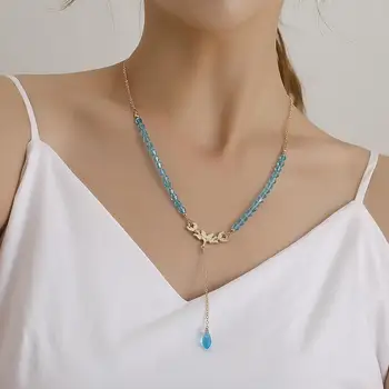 

Bohemia Blue Glass Beads Crystal Necklaces Long Golden Chain Tassel Drop Pendant Necklace Women Gifts Jewelry
