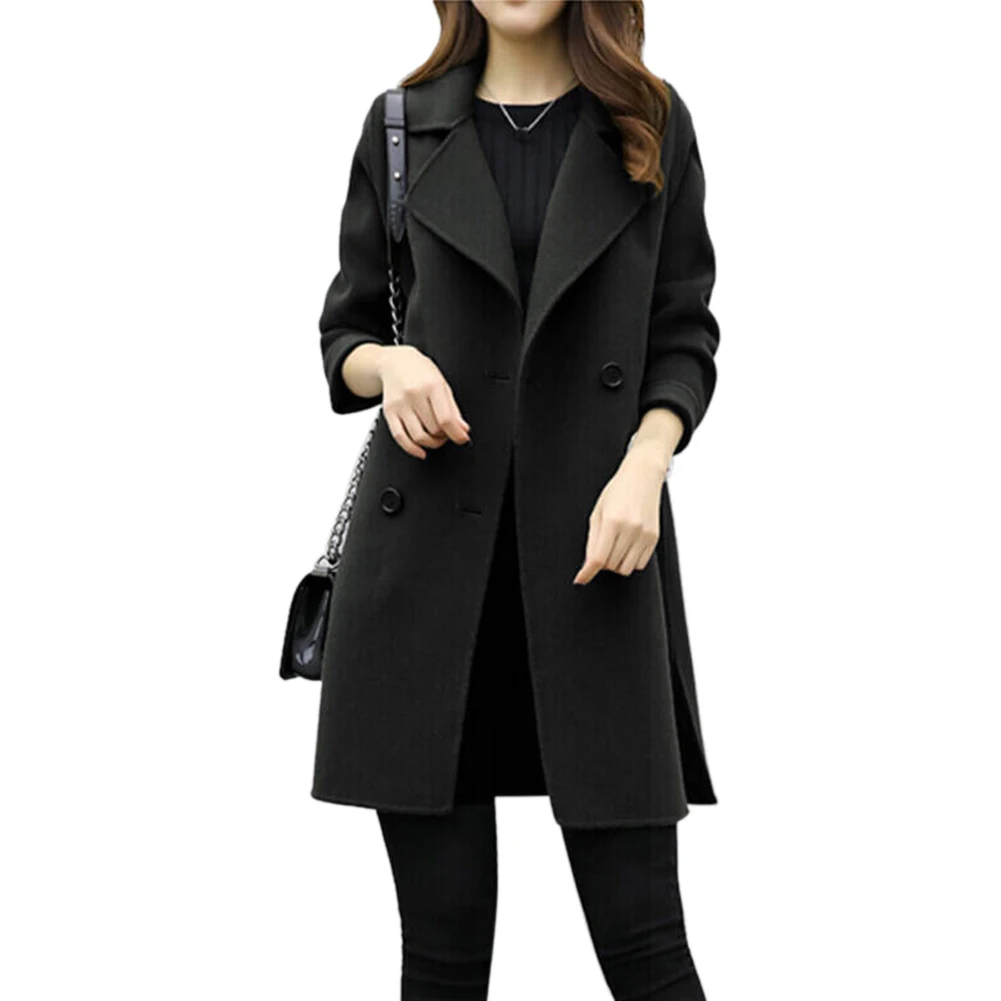 

Double Breasted Daily Solid Korean Version Autumn Winter Turndown Collar Long Sleeve Thickening Women Coat Warm Artificial Wool