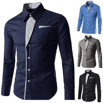 

2019 Men Fashion Casual Dress Shirt Men's Long Sleeve Striped Contrast Lapel Button Shirt Business Casual Slim Cardigan Top