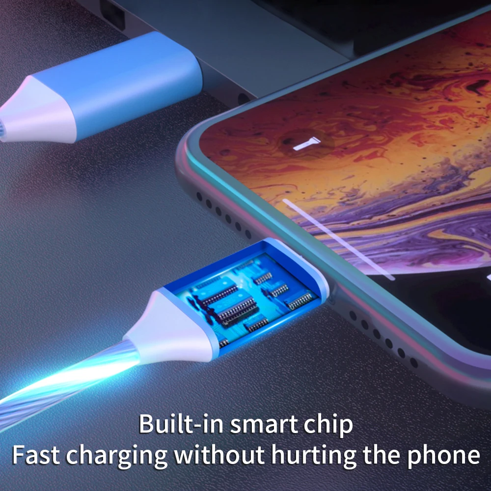 Светодиодный светящийся струящийся кабель для iPhone XS X 8 7 6 зарядное устройство 3 в 1 Micro USB кабель для Android usb type C кабели для мобильных телефонов