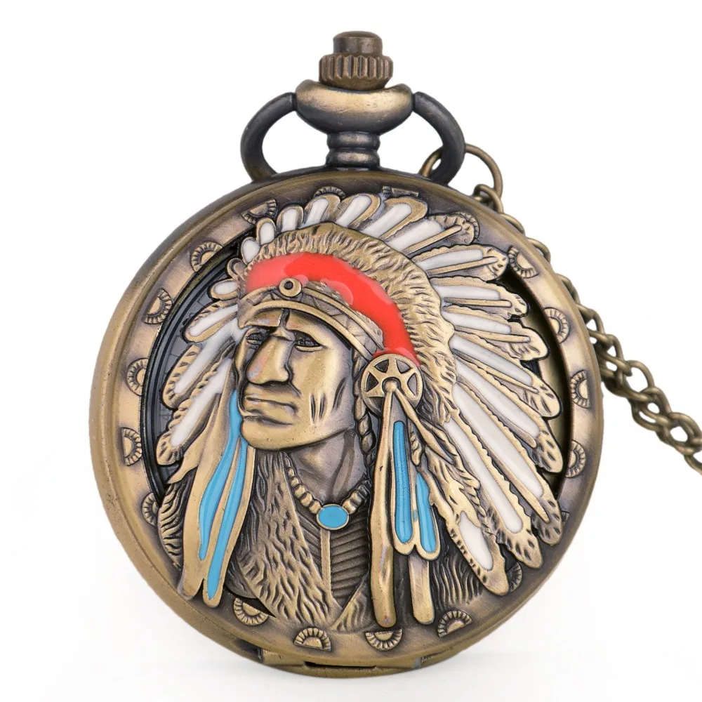 Стимпанк античный индийский старый человек Красочный Портрет дизайн кварцевые Fob карманные часы Бронзовый кулон ожерелье сувенир цепочка подарки