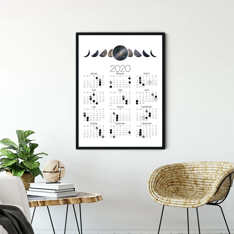 Календарь с фазой Луны, на холсте, с изображением Андромеды, галактики, фаз Луны, плакат, полумесяц, лунный календарь, художественная живопись, домашний декор