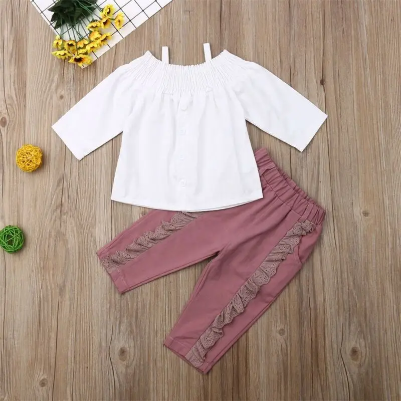 

2PCS Toddler Kids Baby Girl Clothes Off Shoulder Tops +Denim Shorts Pants Outfit Clothes Children Set 6m-4T