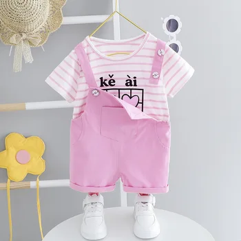 

Summer Baby Girl Clothes Set Little Girls Short Sleeve Striped T-shirt+Suspender Shorts 2pcs Toddler Suit Cotton Newborn Outfit