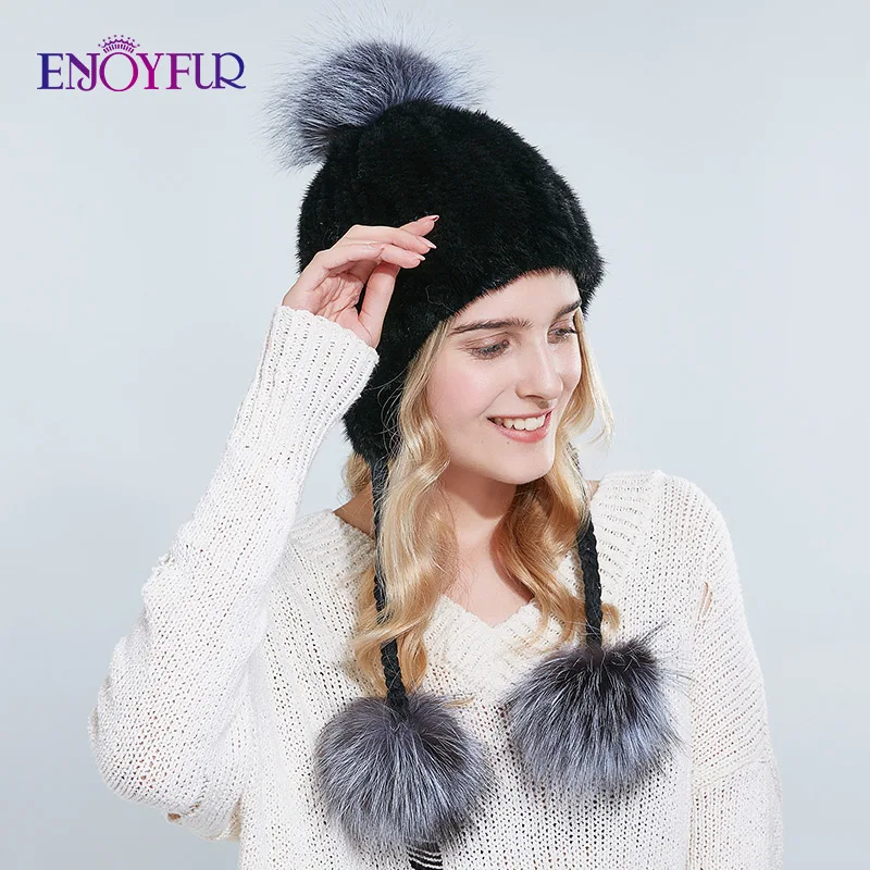 ENJOYFUR настоящие норковые меховые шапки для женщин зимние мягкие вязаные меховые шапки с помпоном милые модные меховые шапки молодой стиль - Цвет: 01Y