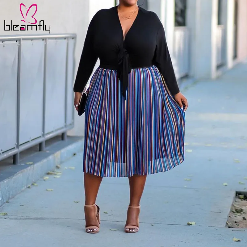 

Striped Plus Size Sheer Mesh Elegant Dress Women V Neck Long Sleeve Patchwork Loose Sexy Dresses Elegant Tie Bow Ladies Vestidos