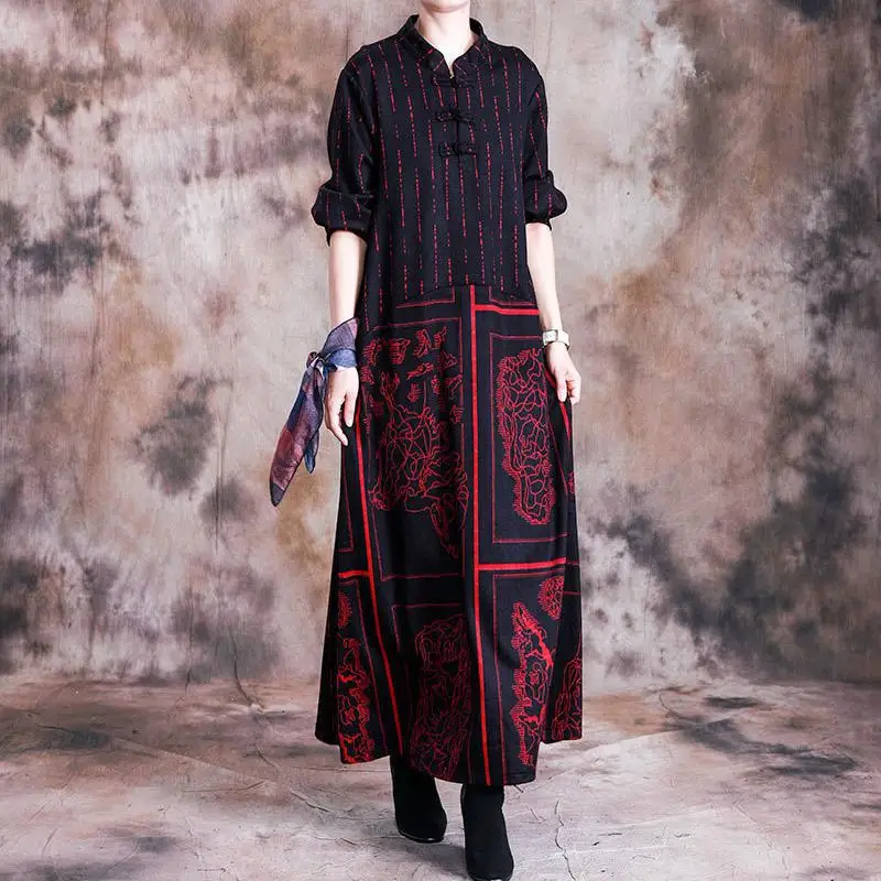 

Johnature Autumn And Winter Plate Buckle Stand Dress 2019 New Loose Retro Stripe Floral Print Pockets Long Sleeve Female Dresses