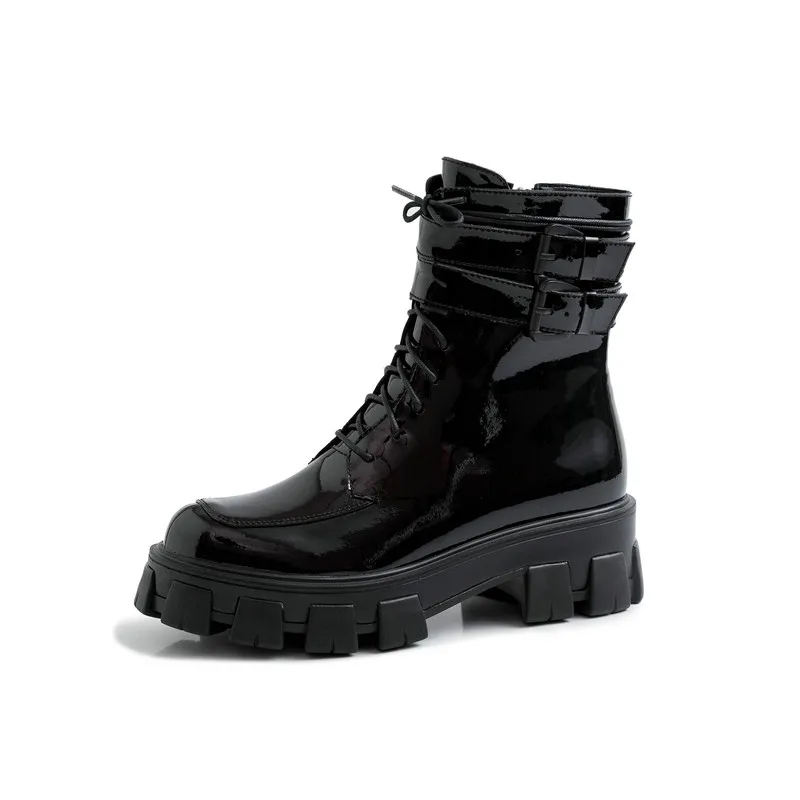 Качественные однотонные женские ботинки на платформе из натуральной кожи новые зимние женские ботильоны женская спортивная обувь на массивном каблуке для вечеринок - Цвет: Черный