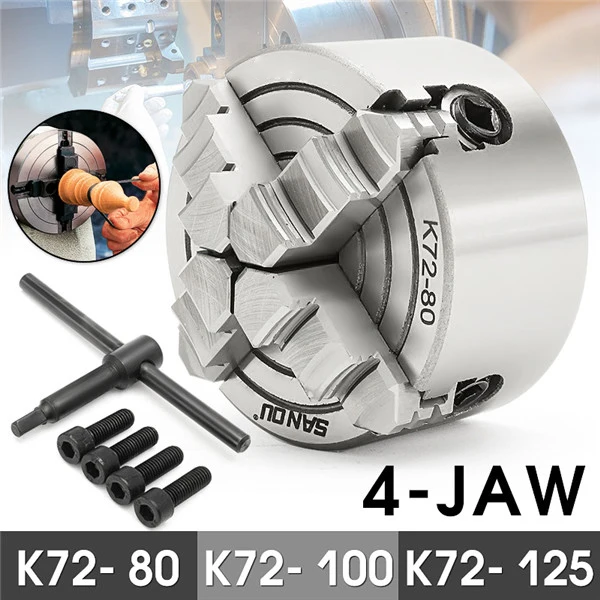 Ceny K72 80 K72 100 K72 125 4 szczękowy uchwyt tokarski 80mm 100mm 125mm niezależny 1 szt. Uchwyt wiertarski bezpieczeństwa 3 szt. Śruba montażowa