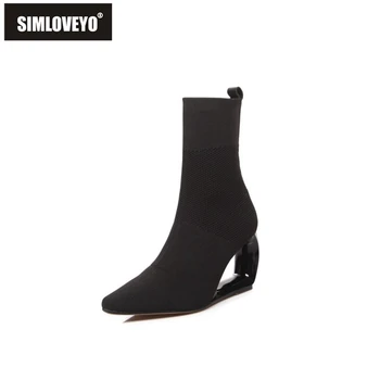 

SIMLOVEYO New Fashion Winter Woman Mid calf Boots Pointed Toe Strange Heel Slip on Bling Glitter Big size 33-43 Casual B1807