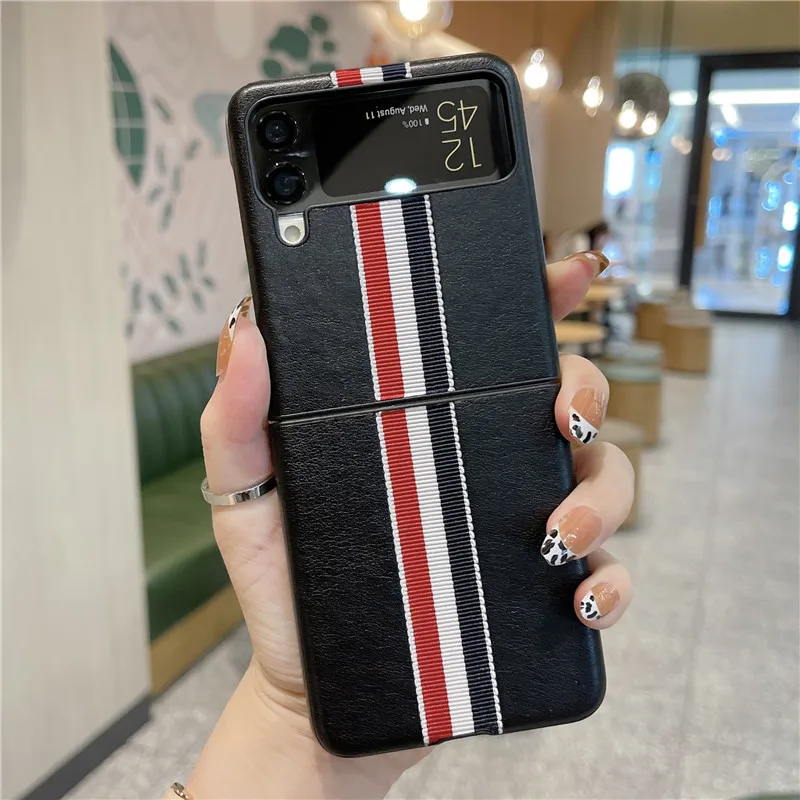 2021 Fashion stripe Litchi grain Cross pattern case for Samsung Galaxy Z Flip 3 Cover Anti-knock luxury leather Cases for Flip3 silicone case for samsung