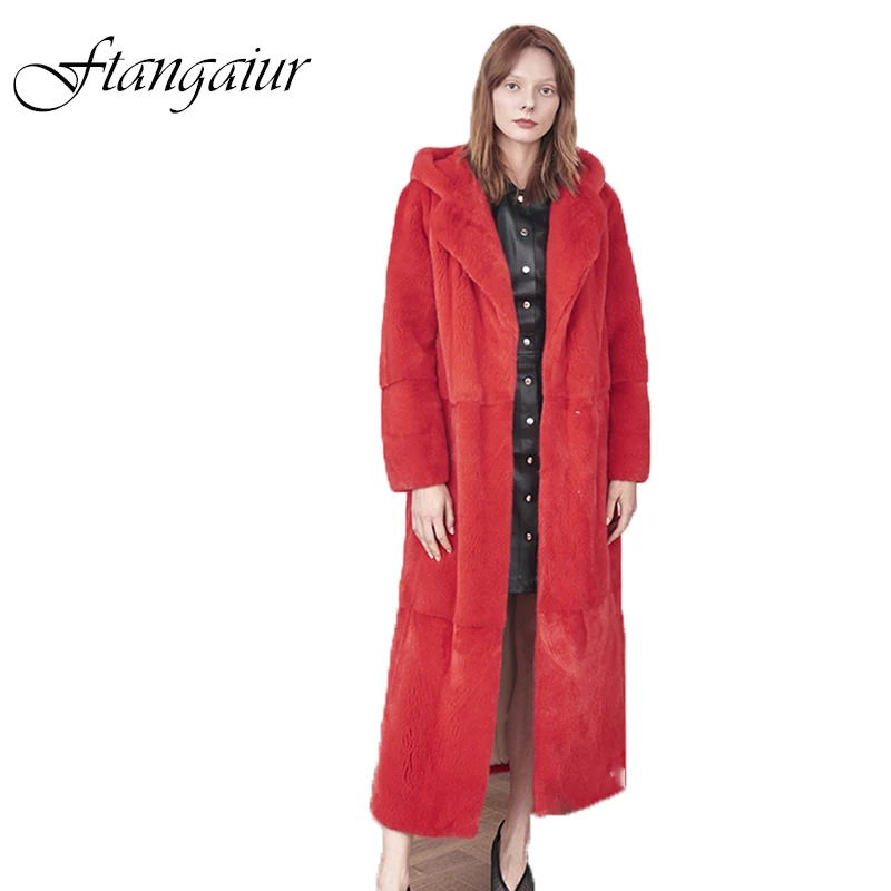Ftangaiur2019 Winter Import Velvet Mink Fur Coat With Fur Hood Pure Red Color Mink Coats Women's Medium Loss Real Mink Fur Coats