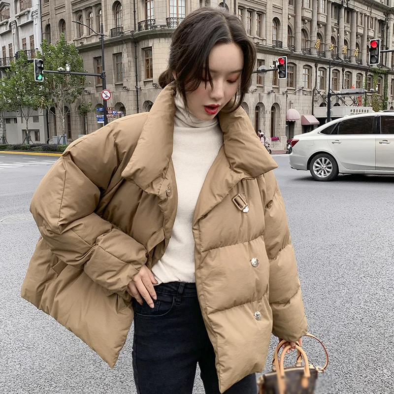 Осенне-зимнее корейское повседневное пальто, пальто Harajuku, Женская хлопковая стеганая куртка, свободные пальто, утолщенная теплая хлопковая однотонная верхняя одежда