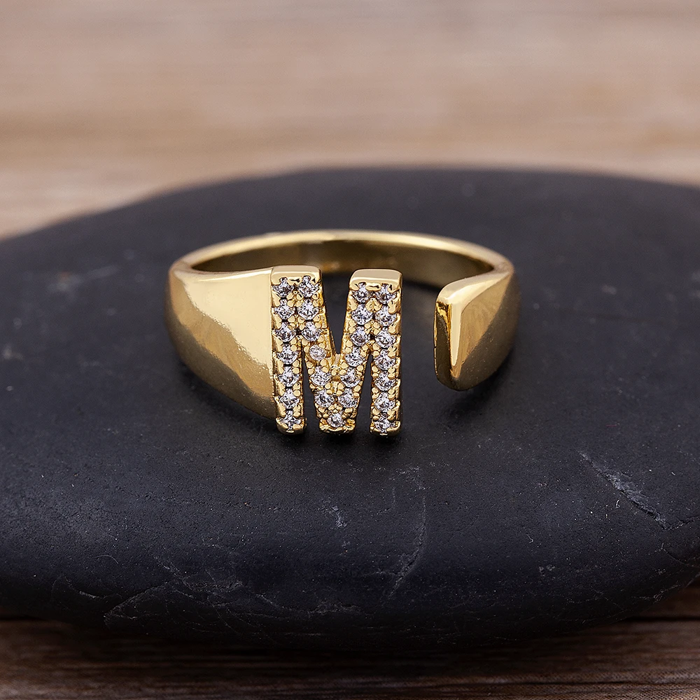 Crystal Rings Fashion Rings Gold Rings Finger Rings Metal Rings A-Z Letter Metal Adjustable Opening Ring Women