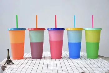 

100pcs 24oz Temperature Color Magic Cup Reusable Magic Coffee Mug Plastic Drinking Tumblers with Lid and Straw WB1448