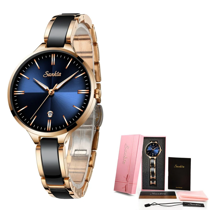 SUNKTA Blue Surface Ceramic Strap Watch Fashion Waterproof Women Watches Top Brand Luxury Quartz Watch Women Relogio Feminino